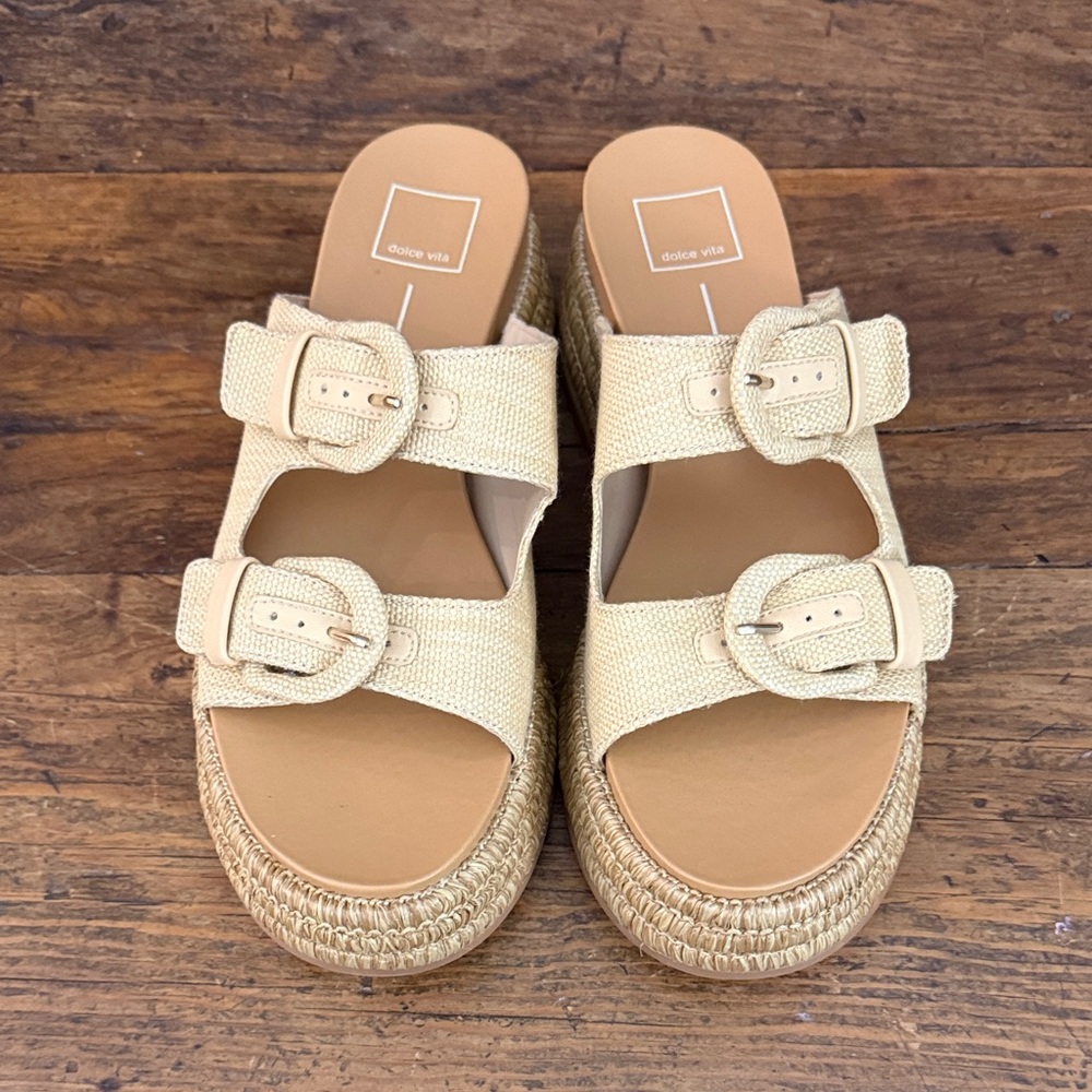 Dolce Vita Beige Raffia Double-Buckle Platform Sandals